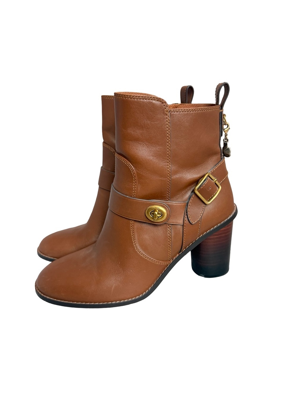 Coach Saddle Tan Leather Moto Buckle Heeled Ankle Booties Biker Size 8.5 Women's
